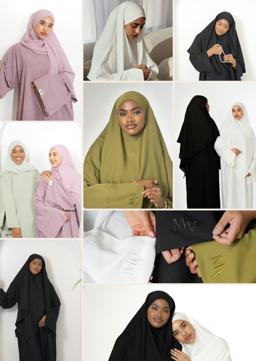 The Modesty Vault brand launch collage — abaya looks, embroidery details and studio portraits.