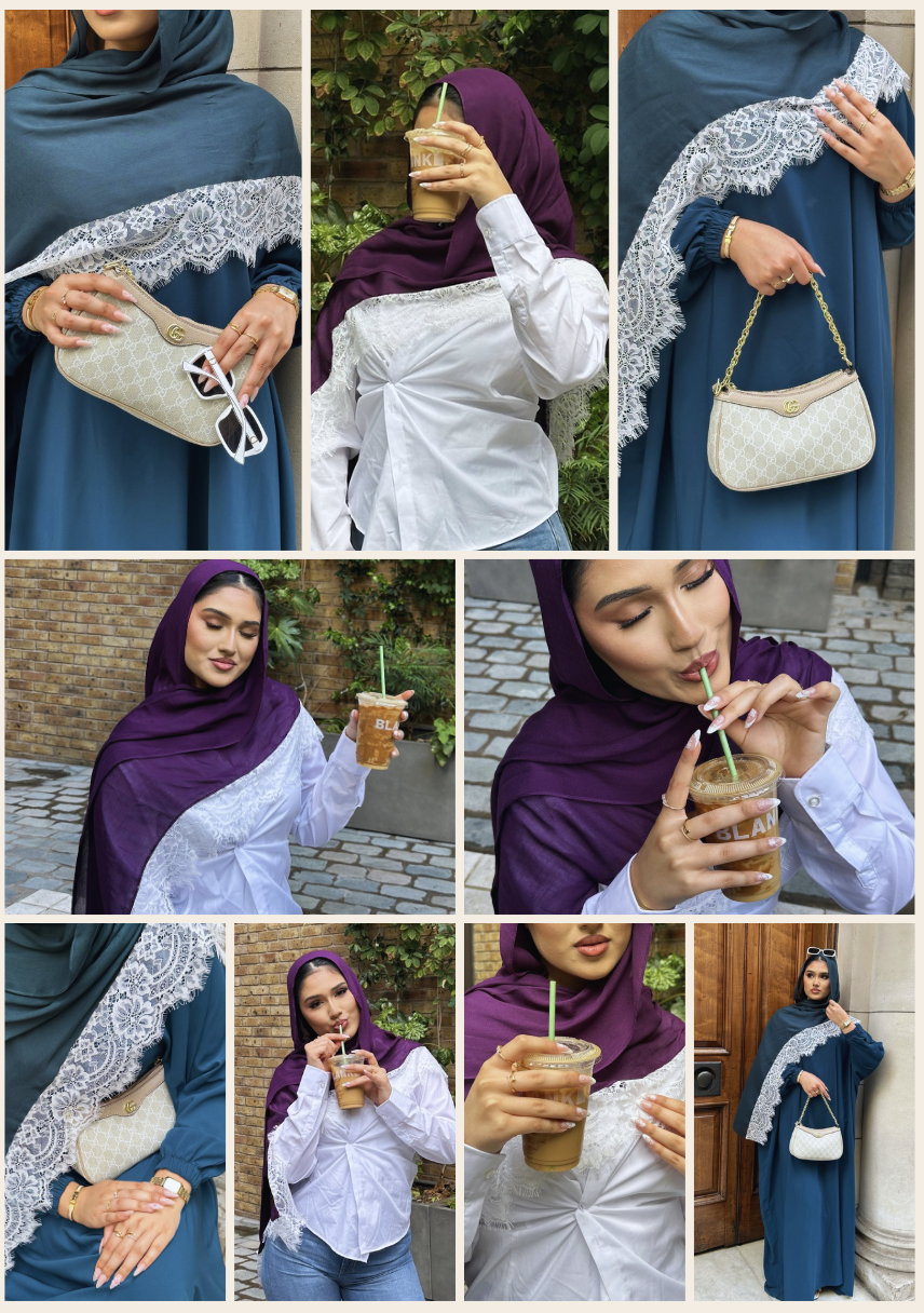 Aya the Label lace hijab campaign collage — lifestyle café shots and product details.